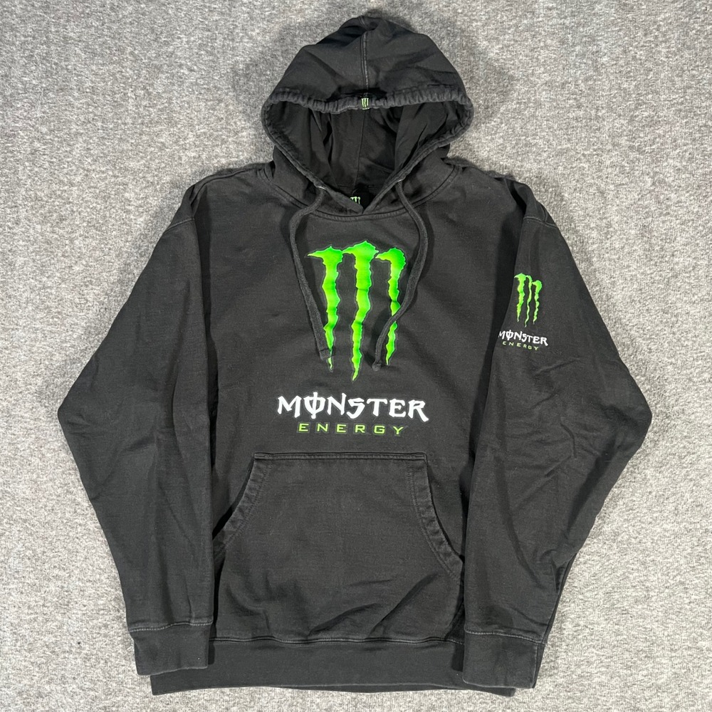 Vtg Monster Energy 2000s Unleash the Beast Black Hoodie Y2K Mens Size Large Logo